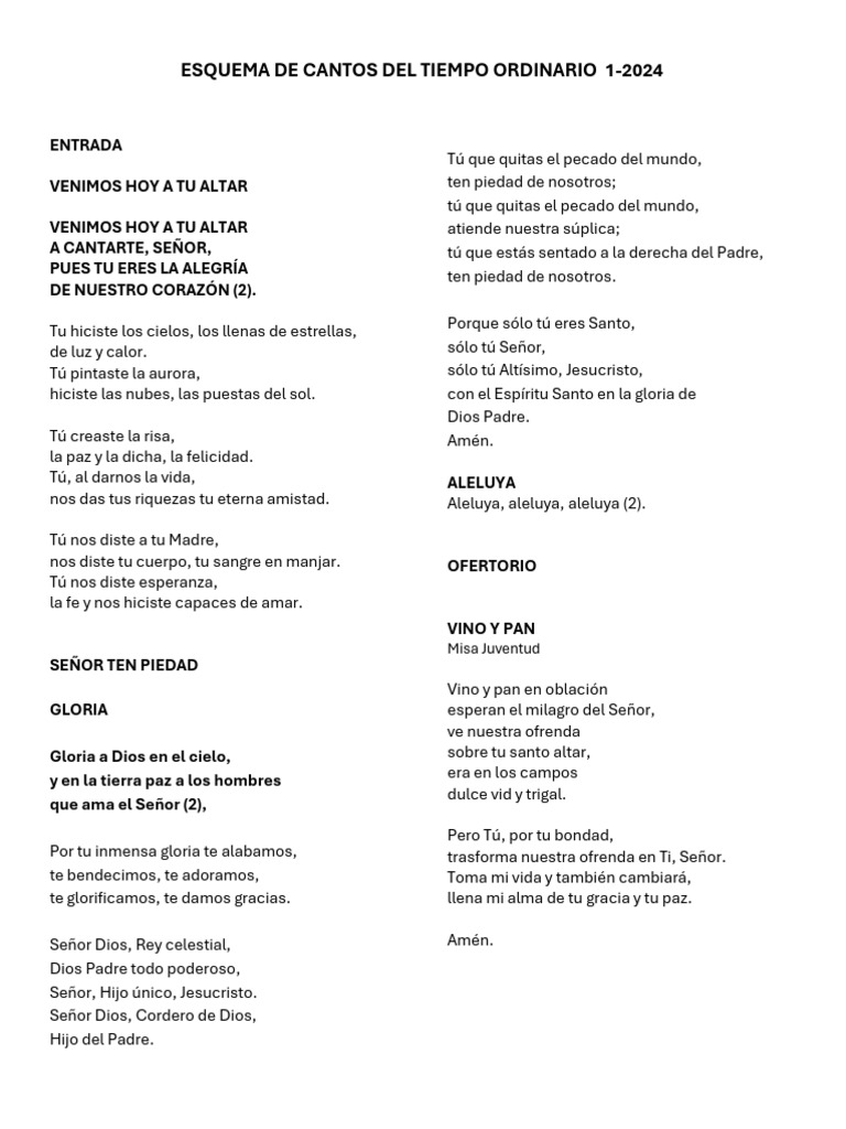 Esquema de Cantos Tiempo Ordinario 19-01-2024 | PDF | eucaristía ...