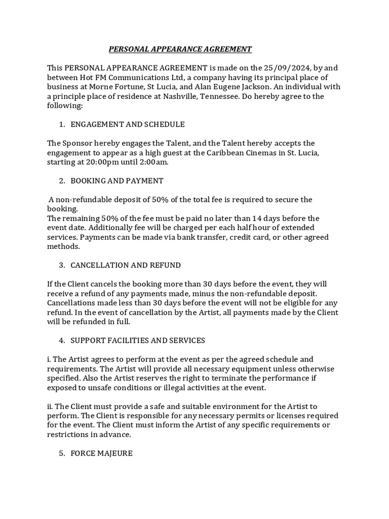 Personal Appearance Agreement Template | PDF | Payments | Fee