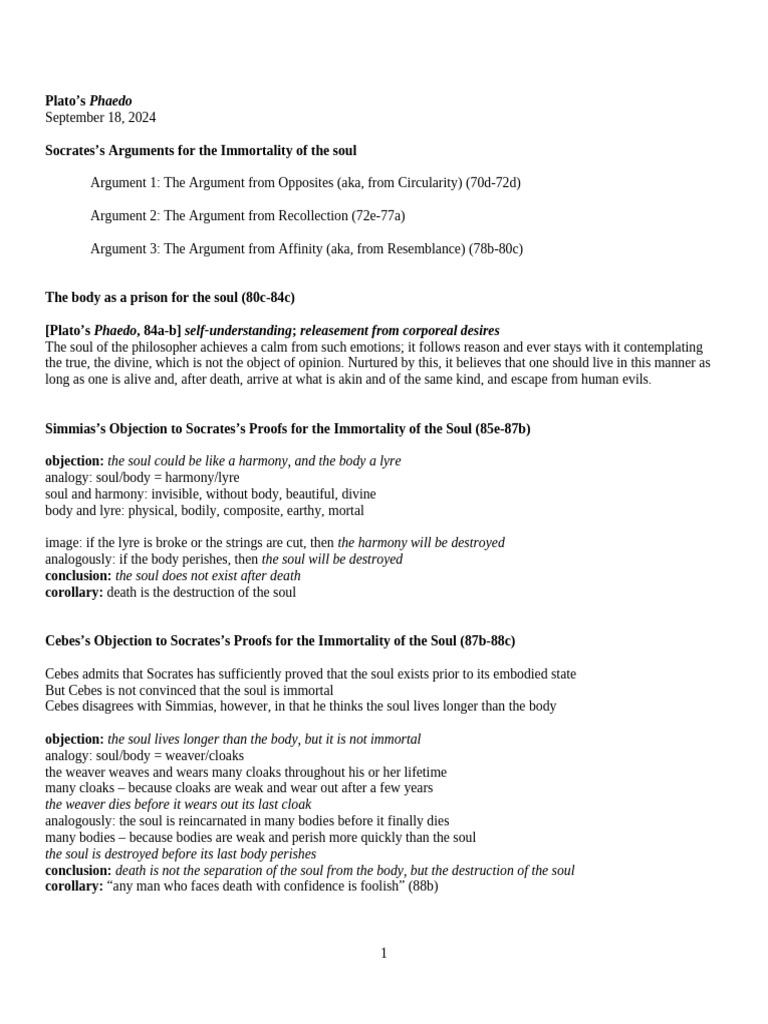 Plato Handout - Phaedo Day 5 - Sep 18 | PDF