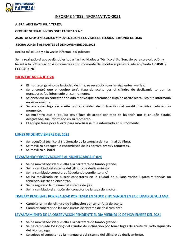 Informe - 033 Apoyo Mecanico de Visita Teecnica Sr. Gonzalo | PDF