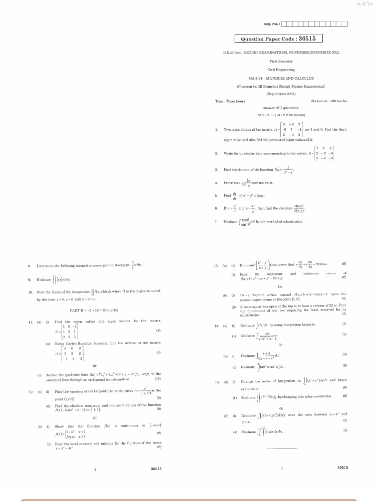 MA3151 Question Paper Download | PDF
