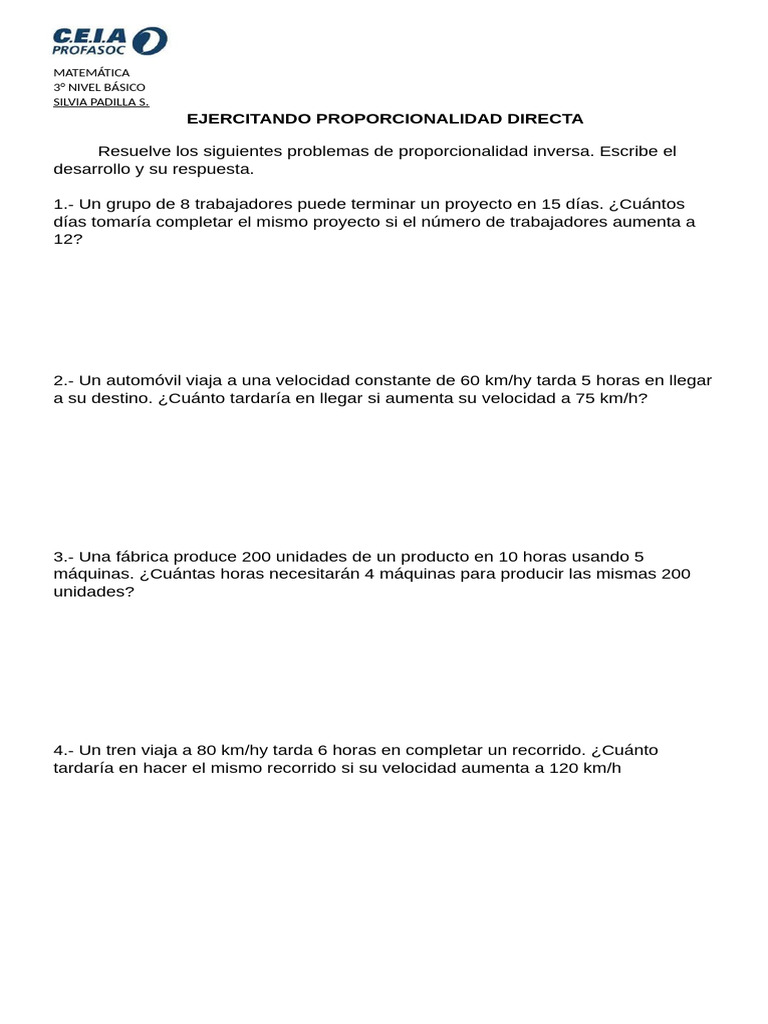 Ejercicios de Proporcionalidad Inversa 2024 | PDF