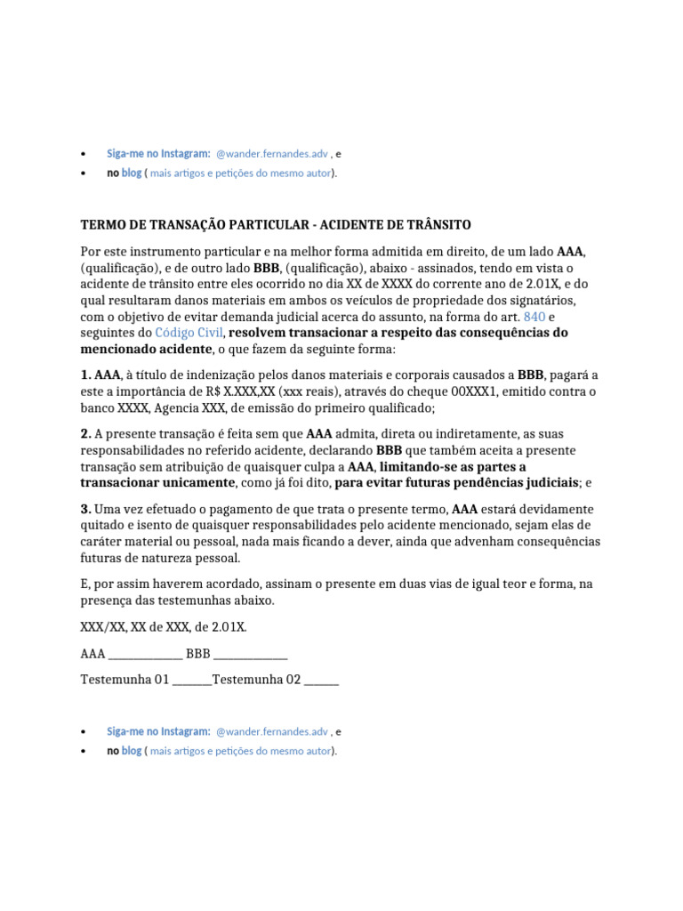 Termo de Transação por Acidente de Trânsito | PDF