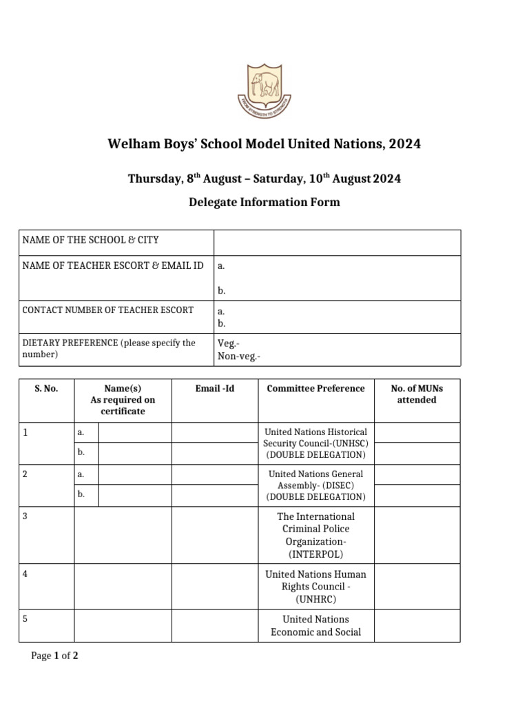 Delegate Information Form WELMUN '24 | PDF