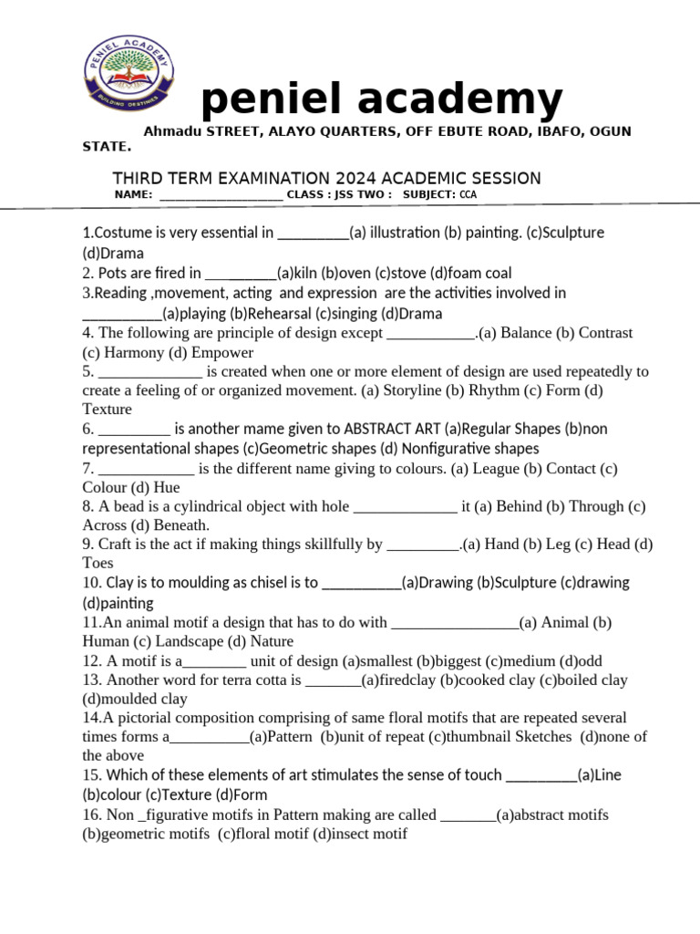 JSS2 CCA Third Term Exam 2024 | PDF | Paintings | Pattern
