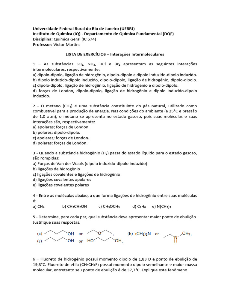 Exercícios sobre Interações Intermoleculares | PDF