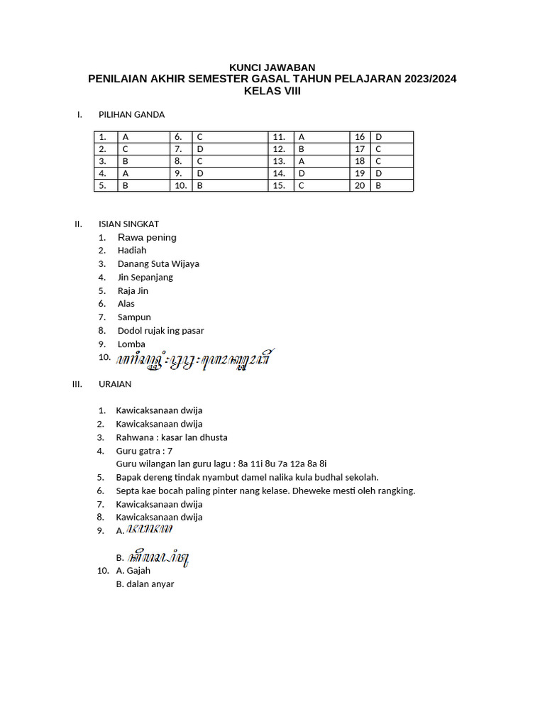 Kunci Jawabanpas Bahasa Jawa Kelas 8 Tahun 2023-2024 | PDF