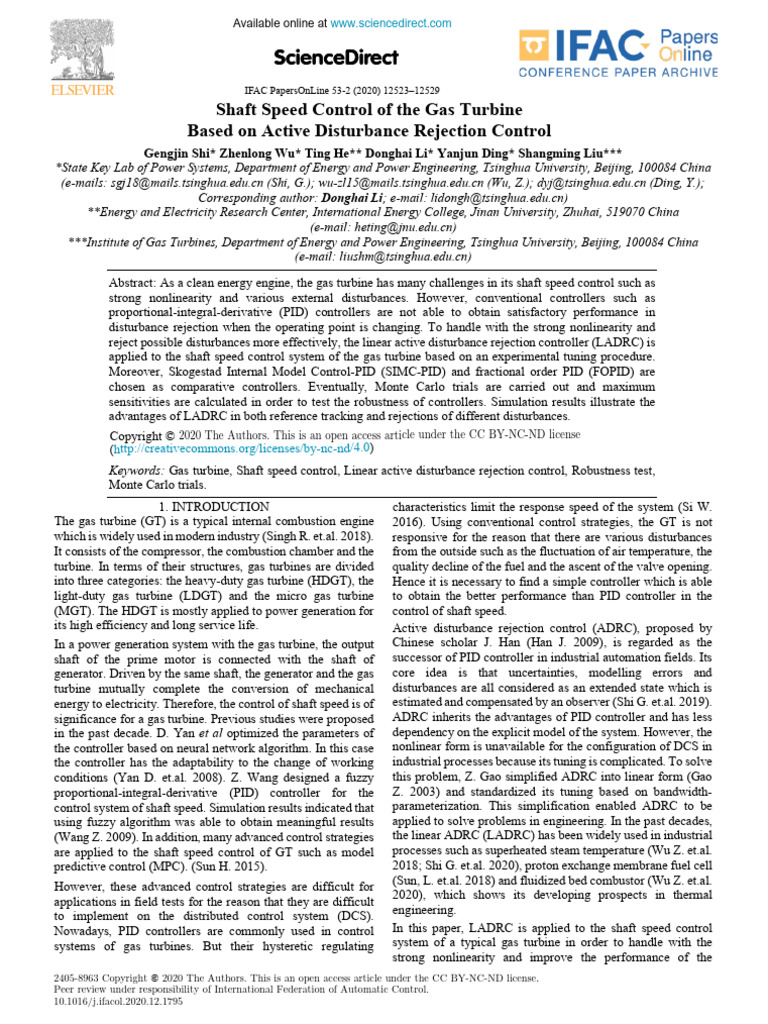 Shaft Speed Control of The Gas Turbine Based On Active Disturbance ...
