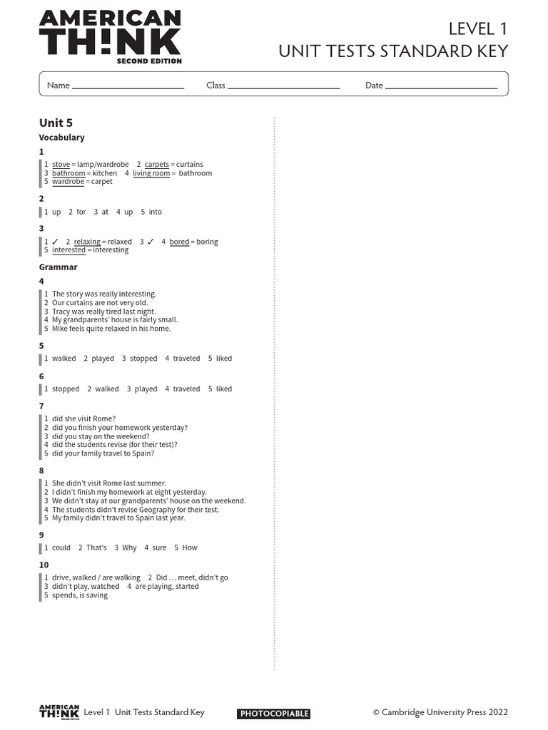 Thk2e AmE L1 Unit Test Standard Answer Key 5 | PDF