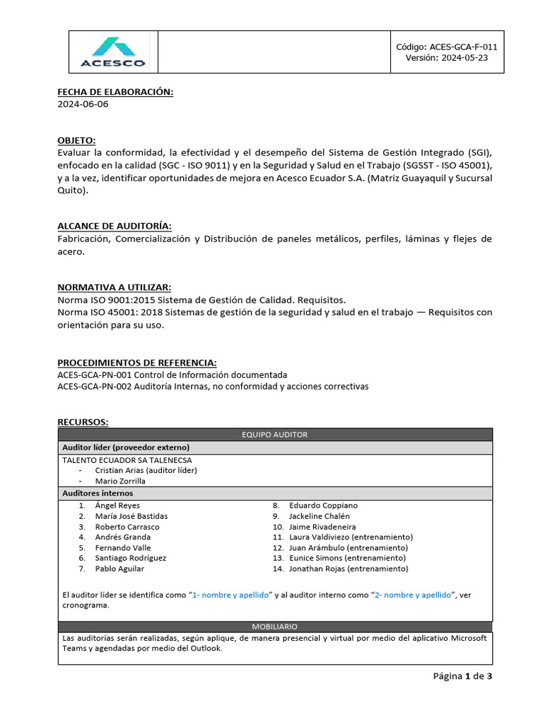 ACES-GCA-F-011 Plan de Auditoría Interna ISO 9001 e ISO 45001 Junio ...