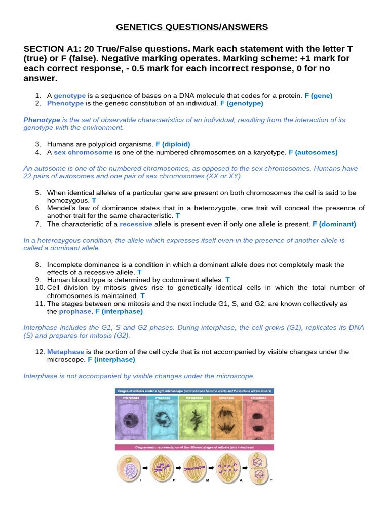 Genetics Questions and Answers SectionA,B | PDF | Mitosis | Dominance ...