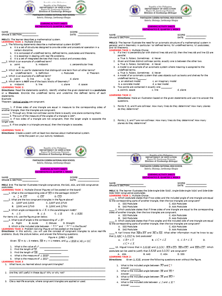 Math 8 Learning Activity Sheets | PDF | Line (Geometry) | Triangle
