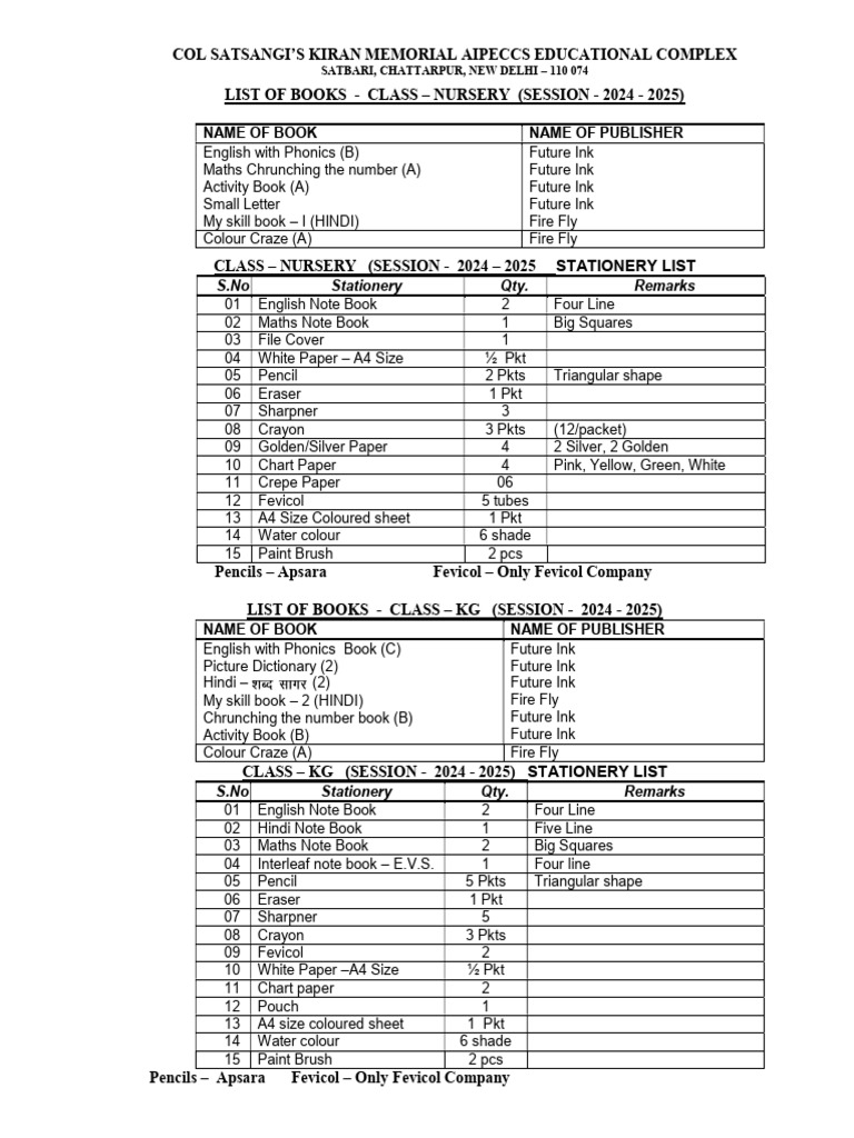 2025 Nursery to VI Book & Stationery List | PDF | Drawing | Pencil
