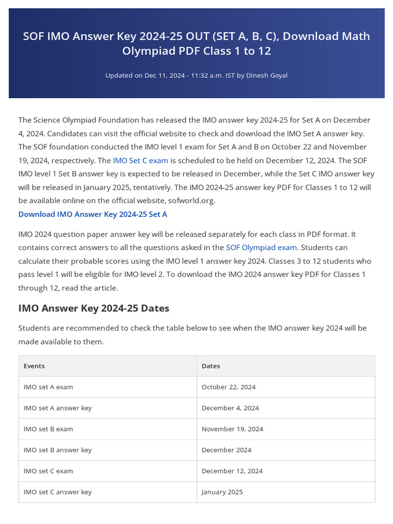 SOF IMO Answer Key 2024-25 Released | PDF