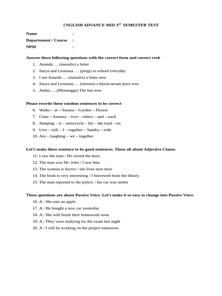 English Advanced Mid Semester Test | PDF