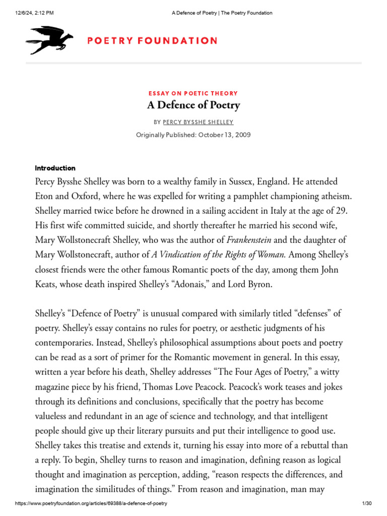 A Defence of Poetry - The Poetry Foundation | PDF | Percy Bysshe ...