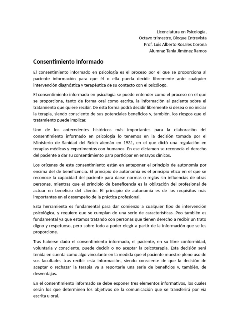 Consentimiento Informado en Psicología | PDF | Consentimiento informado ...