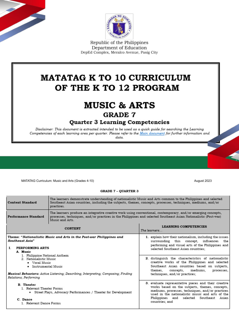 Grade 7 Nationalistic Arts Overview | PDF | The Arts | Learning