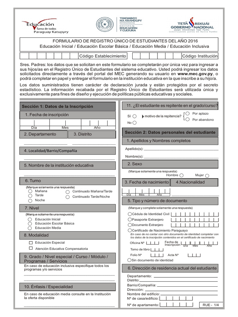Formulario 1 RUE 24 02 2016 | PDF | Documento de identidad