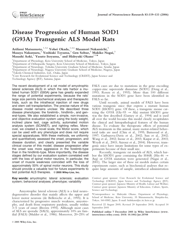 Disease Progression of Human SOD1 (G93A) Transgenic ALS Model Rats | PDF