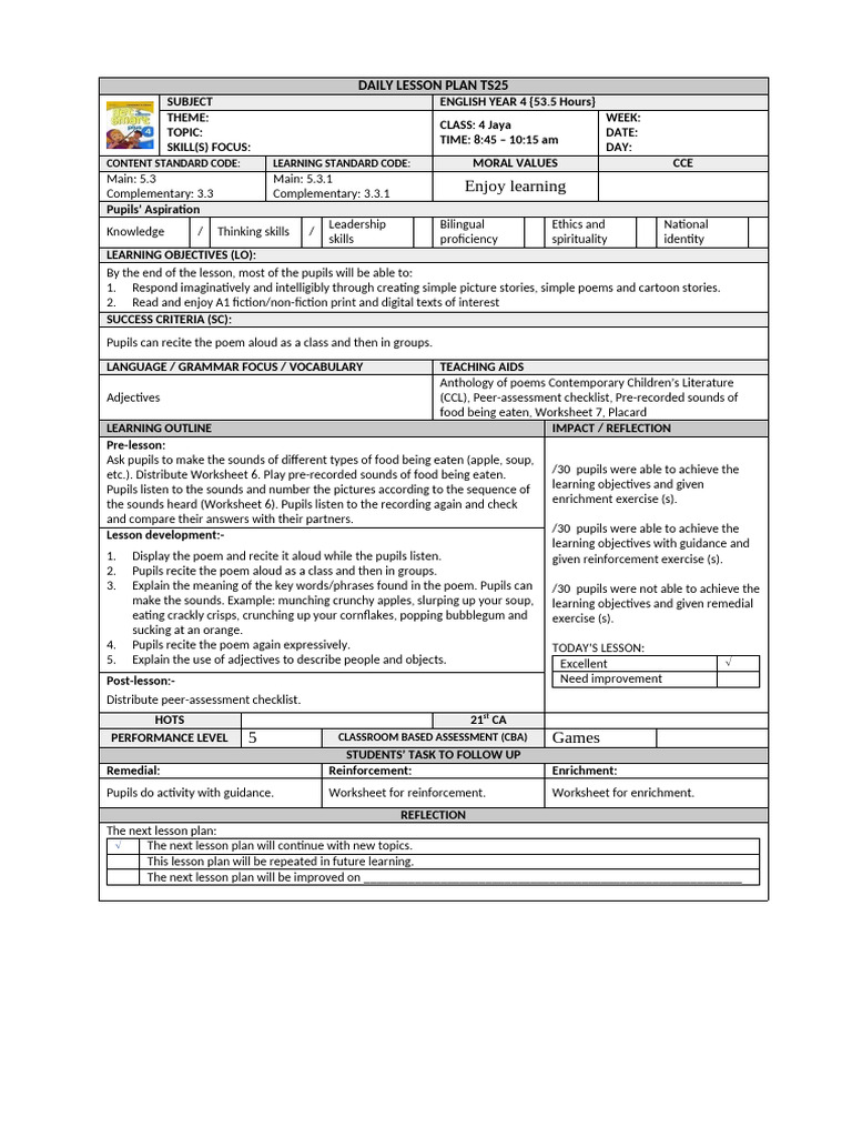 Year 4 & 1 English Lesson Plans | PDF | Lesson Plan | Poetry
