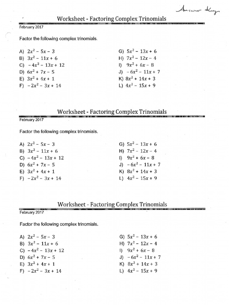 Worksheet Factoring Complex Trinomials AnswersTeacher PDF