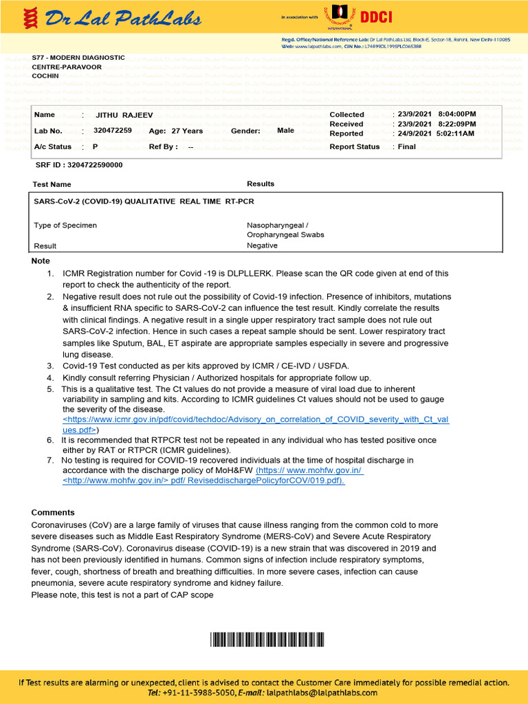 COVID-19 RT-PCR Test Report | PDF | Virology | Respiratory Diseases
