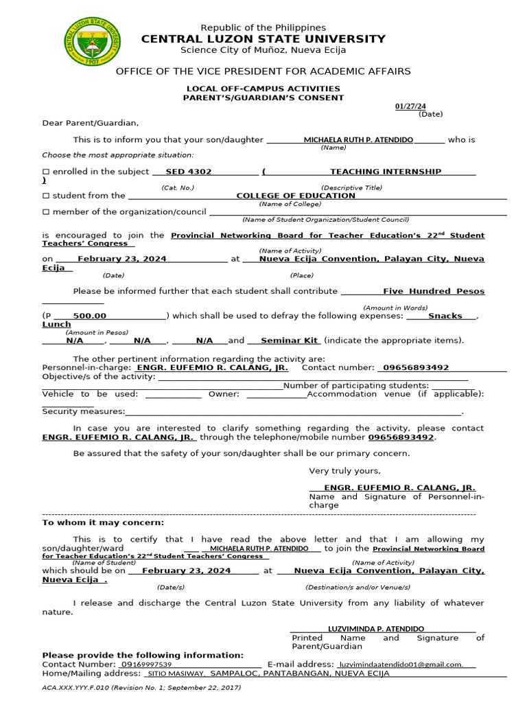 Parent Consent for Student Congress Event | PDF