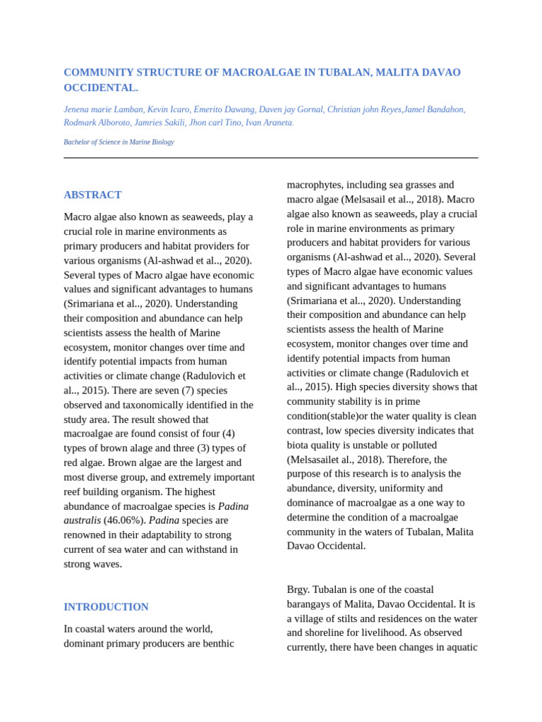 Macroalgae Community in Tubalan, Davao | PDF | Seaweed | Ecology