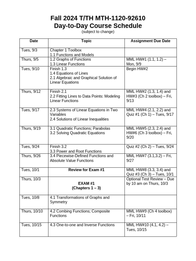 Fall 2024 MTH-1120 Course Schedule | PDF | Equations | Quadratic Equation