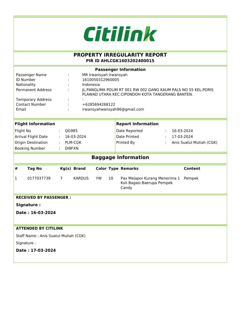 Property Irregularity Report for Flight QG985 | PDF