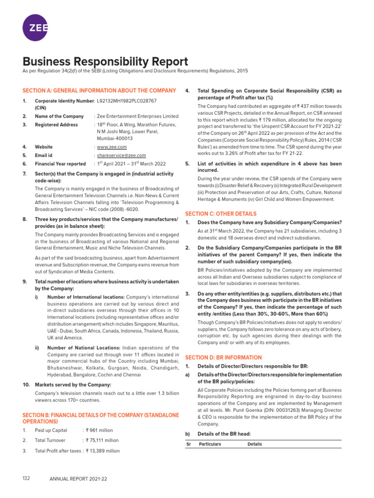 Business Responsibility Report Zee AR 2021 22 | PDF | Corporate Social ...