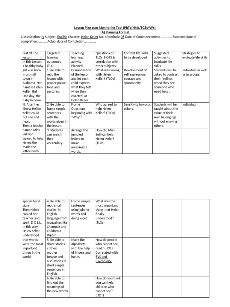 Helen Keller Lesson Plan for Class 4 | PDF | Helen Keller ...