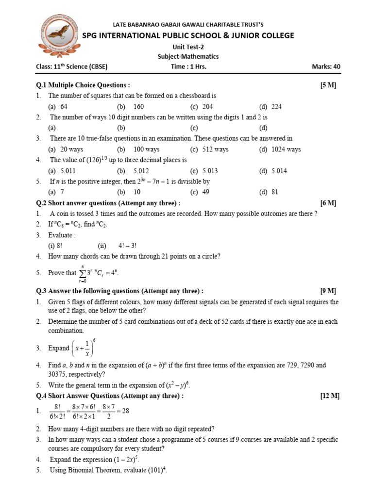 11th CBSE Maths (Unit Test-2) | PDF | Number Theory | Numbers