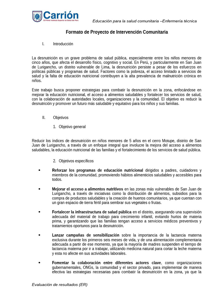 Proyecto de Intervencion Comunitaria | PDF | Desnutrición | Amamantamiento