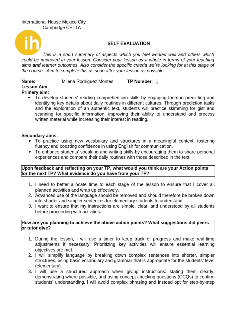Self Evaluation TP1.Mile | PDF | Reading Comprehension | Learning