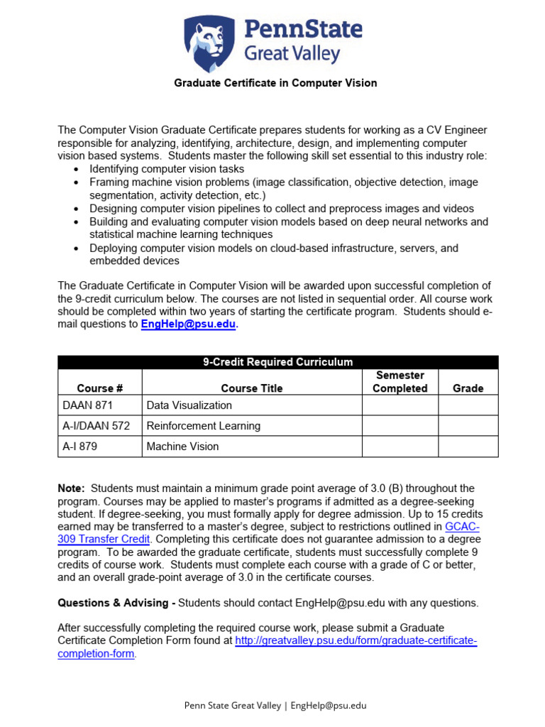 Computer Vision Graduate Certificate Program | PDF | Computer Vision ...