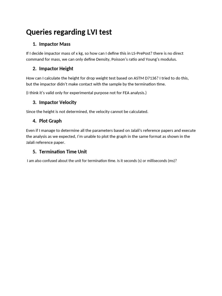 LVI Test Queries: Impactor Mass, Height, Velocity | PDF