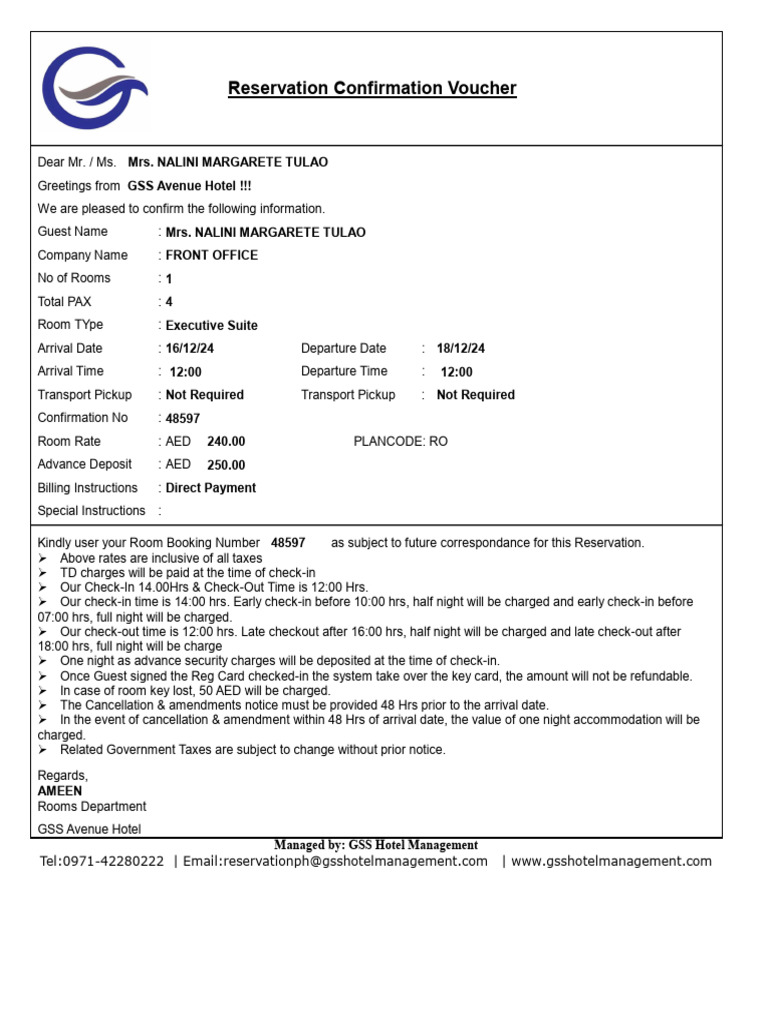 GSS Avenue Hotel Reservation Confirmation | PDF