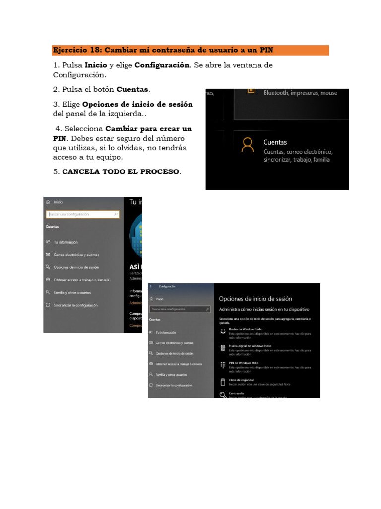 Cambiar contraseña a PIN en Windows | PDF
