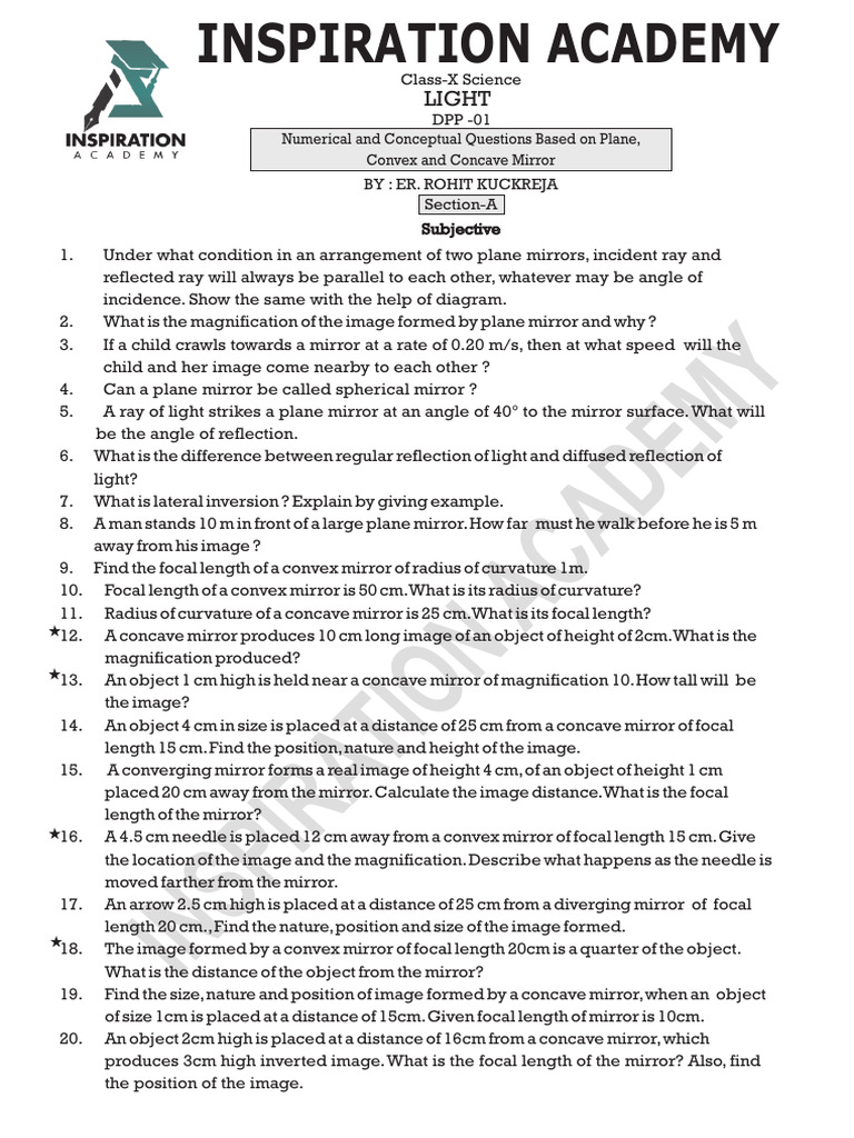 DPP 1 Light 2023 | PDF | Mirror | Electromagnetic Radiation