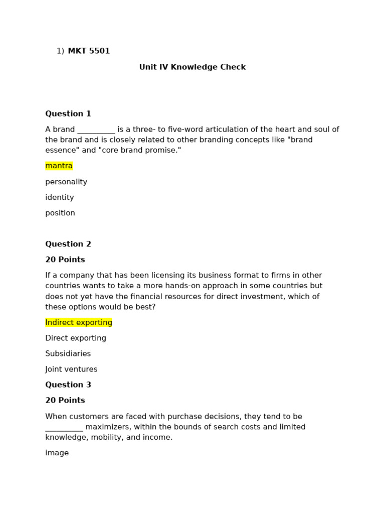 MKT 5501 Unit IV Knowledge Check Quiz | PDF