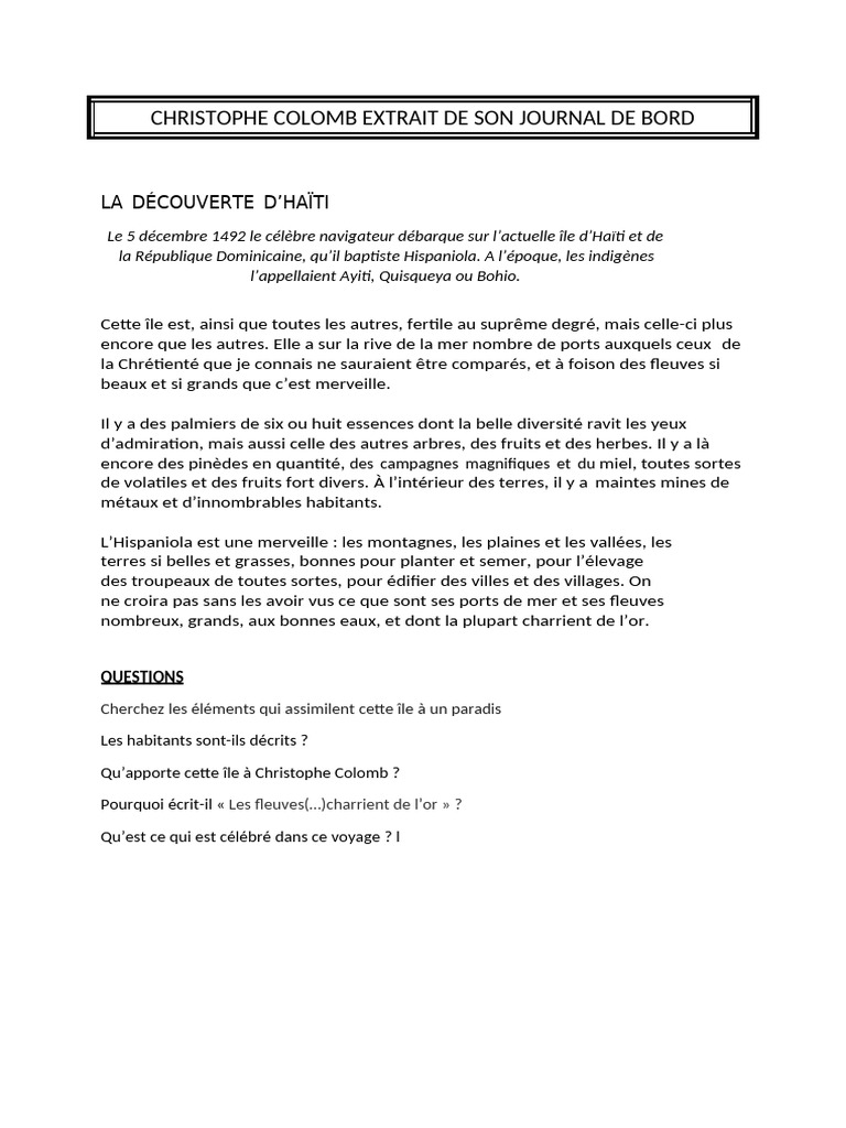 Extrait du Journal de Colomb sur Haïti | PDF