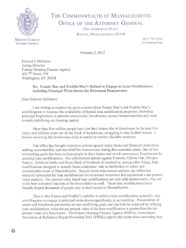 2012 02 02 Letter To Edward Demarco Re Fannie Mae Freddie Mac | PDF