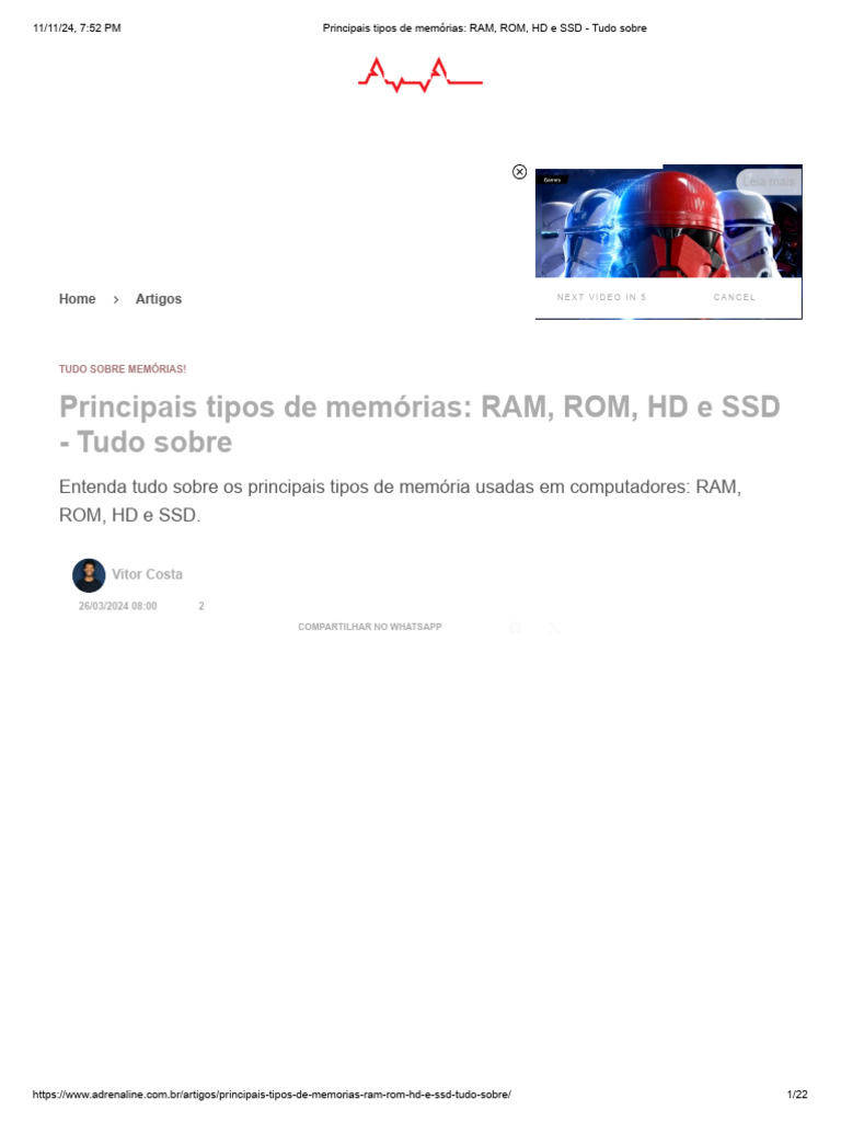Tipos de Memórias: RAM, ROM, HD e SSD | PDF | Memória de acesso ...