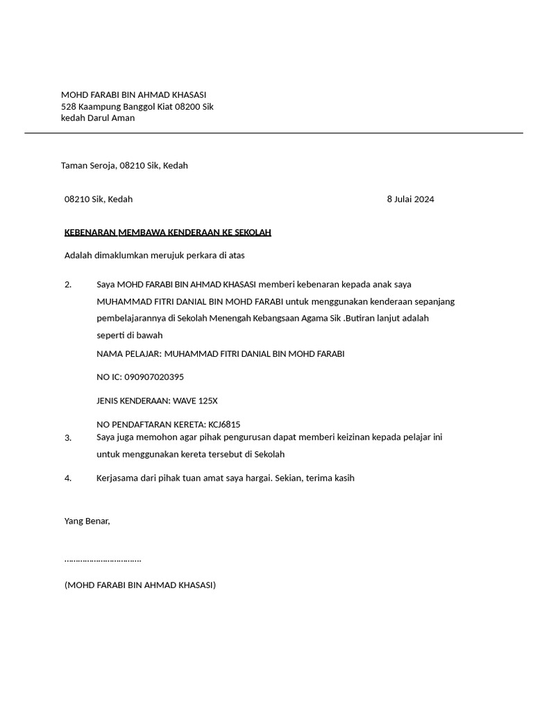 Surat Kebenaran Menggunakan Kenderaan | PDF