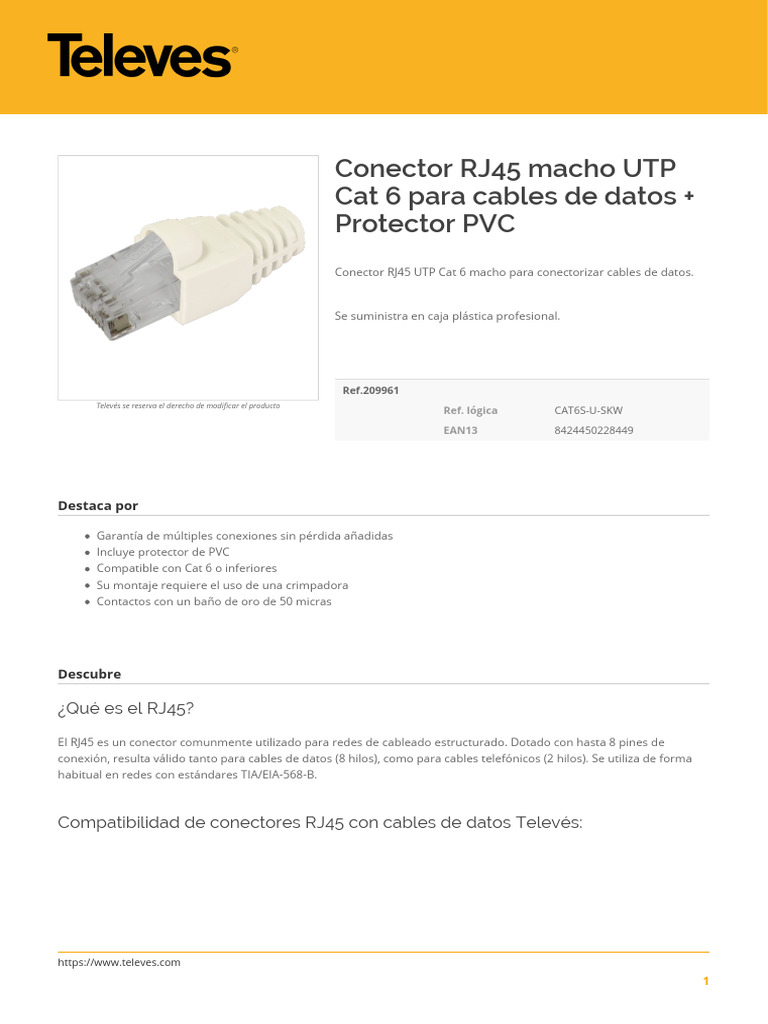 Conector RJ45 UTP Cat6 | PDF | Ingenieria Eléctrica | Electricidad