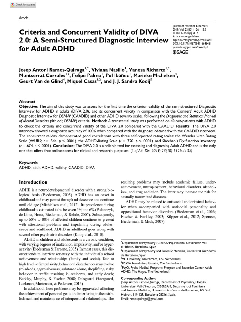 Validity of DIVA 2.0 for Adult ADHD | PDF | Diagnostic And Statistical ...