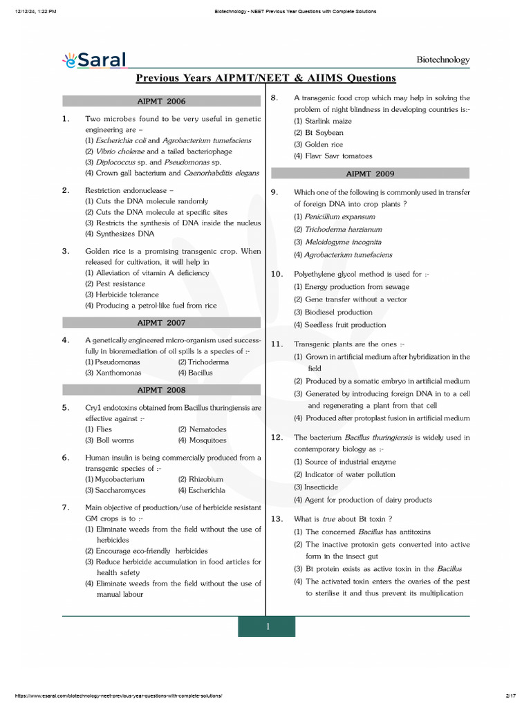 NEET Biotechnology Previous Year Questions | PDF