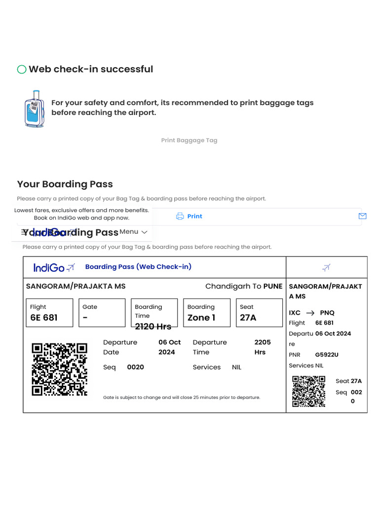 Web Check-In Confirmation for Flight 6E 681 | PDF | Aviation